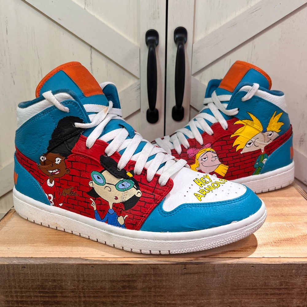 Nickelodeon “Hey Arnold” Custom Hand Painted Nike Air Jordan 1 Mid Shoes, Size 8 - Picture 1 of 9